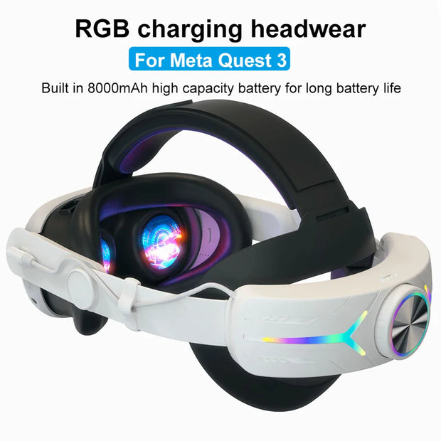 RGB Adjustable VR Head Band with 8000mAh Rechargeable Battery LED Backlight for Meta Quest 3 Headset Replacement Comfort Strap