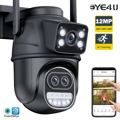 12MP 6K Outdoor WIFI Camera Zoom Three Lens Dual Screens PTZ Video Cameras Auto Tracking Home Security CCTV 8MP Surveillance Cam