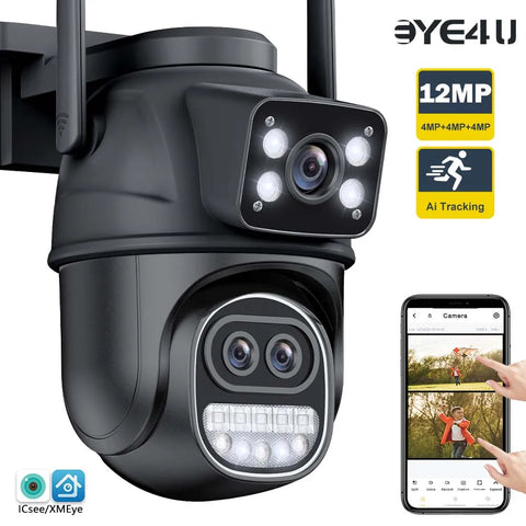 12MP 6K Outdoor WIFI Camera Zoom Three Lens Dual Screens PTZ Video Cameras Auto Tracking Home Security CCTV 8MP Surveillance Cam