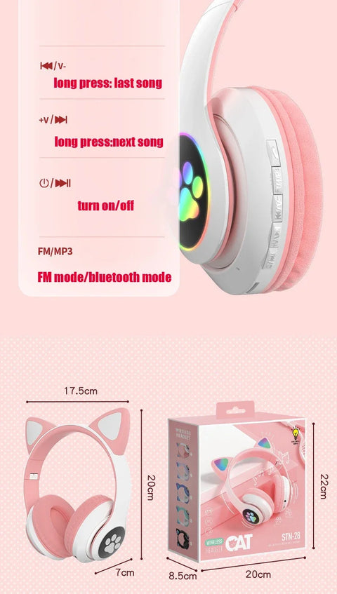 P47M Wireless Headphone Flash Light Cute Cat Bluetooth with Mic Control LED Stereo Music Helmet Phone Bluetooth Headset Gift