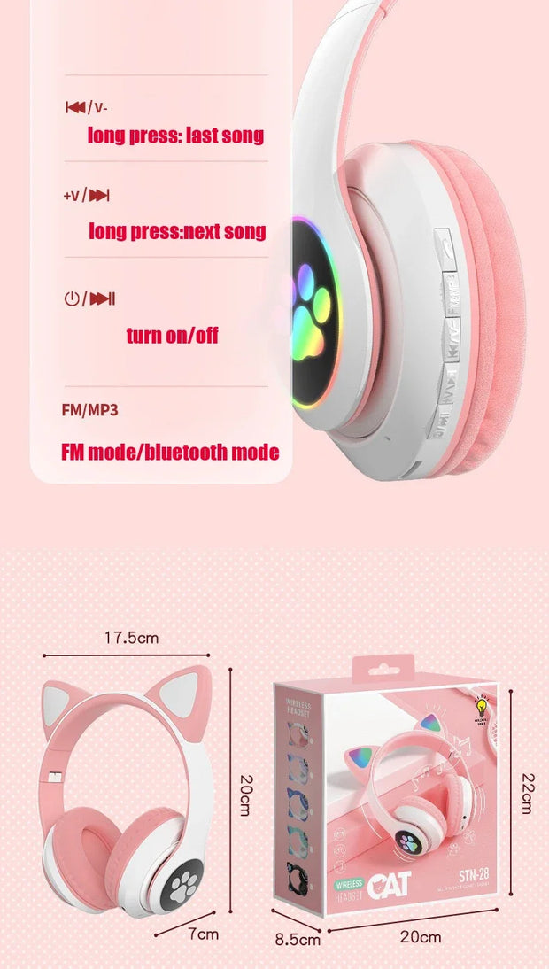 P47M Wireless Headphone Flash Light Cute Cat Bluetooth with Mic Control LED Stereo Music Helmet Phone Bluetooth Headset Gift