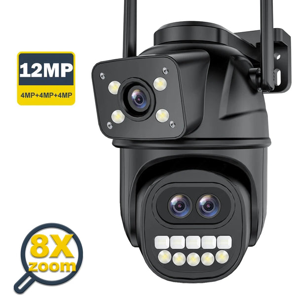 12MP 6K Outdoor WIFI Camera Zoom Three Lens Dual Screens PTZ Video Cameras Auto Tracking Home Security CCTV 8MP Surveillance Cam