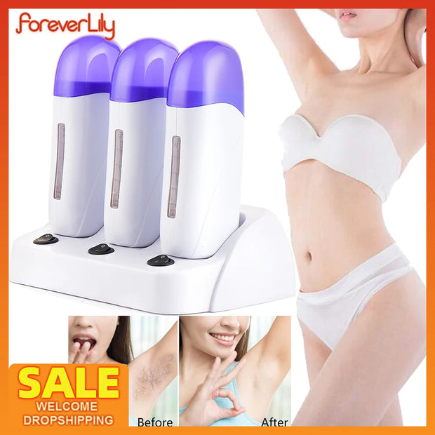 3pcs Cartridge Wax Depilatory Heater Wax Roller Base Roll On Waxing Body Hair Removal Machine Set For Depilation Tool kit