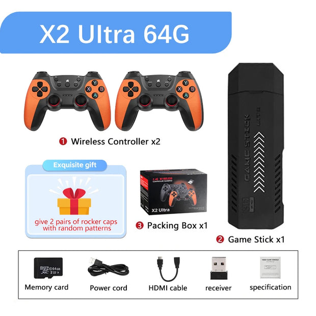 X2 Ultra Video Game Stick Console Or ONLY 64G Retro Games Christmas Gift 2.4G Double Wireless Controller 4K HD30000 Games