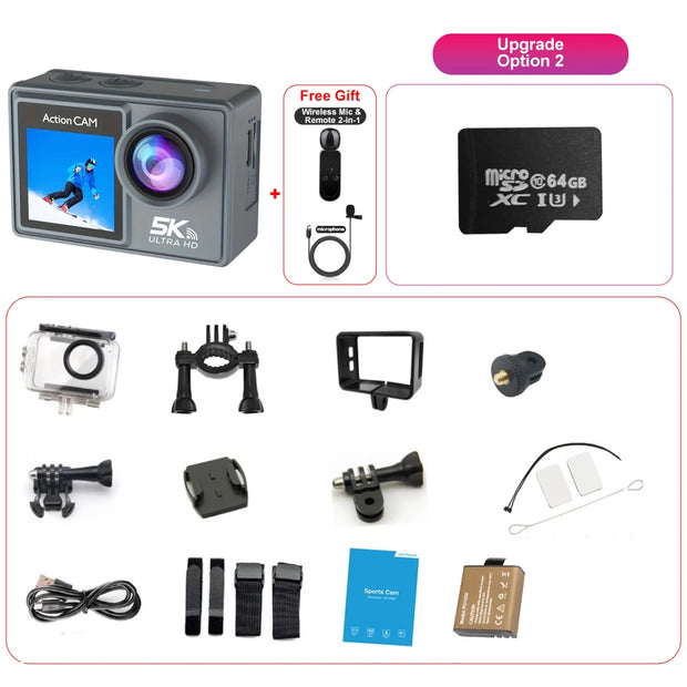 5K Action Camera 4K60FPS Dual IPS Touch LCD DVR EIS 170° 30M Waterproof 5X Zoom Sport Camera With Wireless Mic&Remote Control