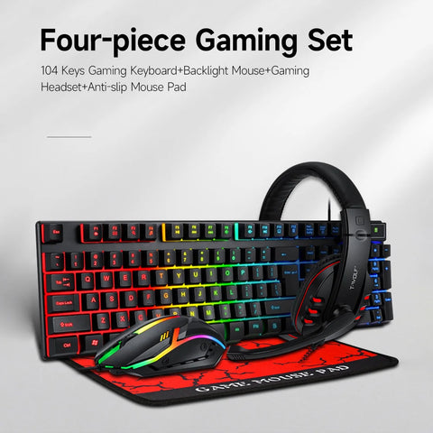 T-WOLF 104 Keys Gaming Keyboard Mouse Combo Four-piece 4-color Breathing Light Mouse 3.5mm Gaming Headset Anti-slip Mouse Pad