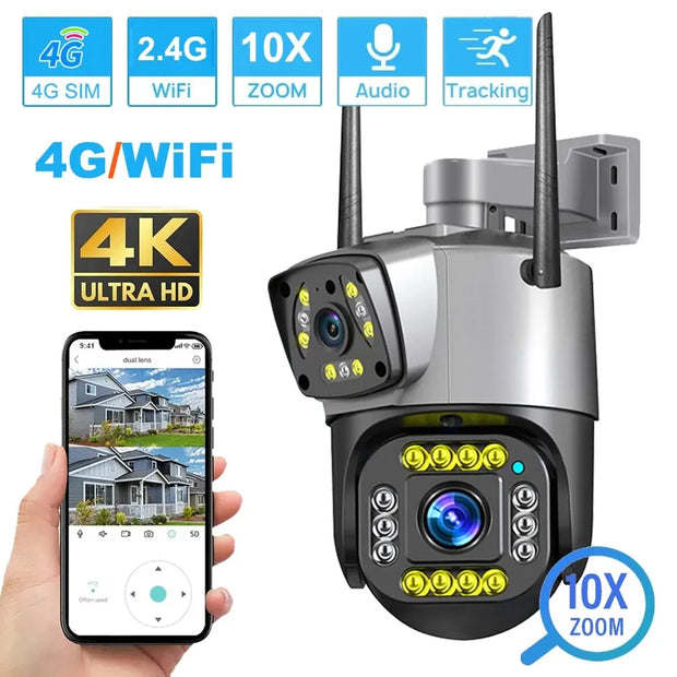 Dual Lens 4G IP Camera WiFi 8MP 4K Surveillance Cameras Wireless Outdoor Smart Home Night Vision V380 Digital Zoom CCTV Camara