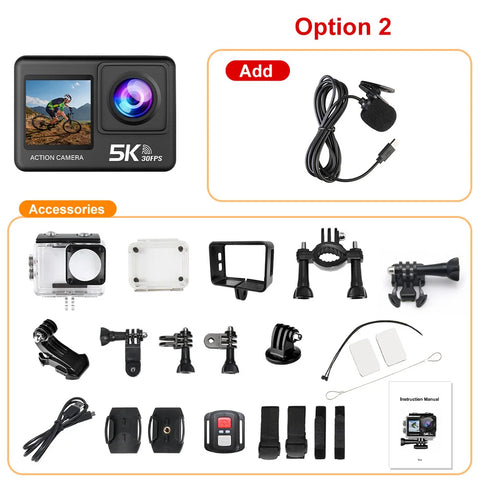 Action Camera 5K 4K60FPS EIS Wi-Fi Dual Screen 170D 2.0 Inch Touch Screen 30M Waterproof Sport Camera With Remote Control