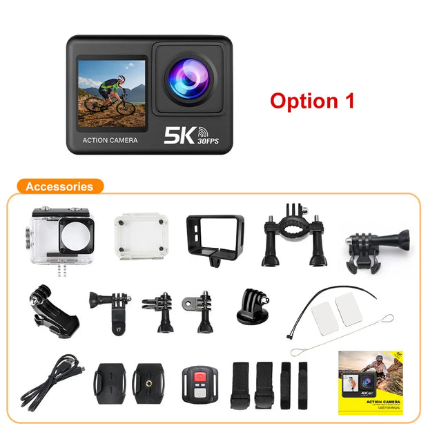 Action Camera 5K 4K60FPS EIS Wi-Fi Dual Screen 170D 2.0 Inch Touch Screen 30M Waterproof Sport Camera With Remote Control