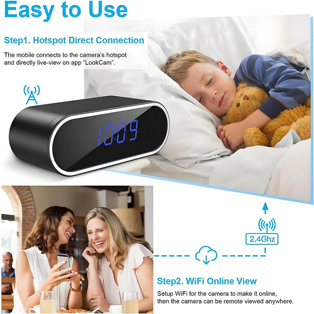 Wireless mini clock camera supports WiFi night vision IP HD 4K camera, used for home and office monitoring, nanny network cam