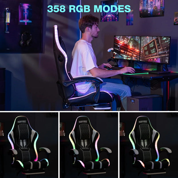 Gaming Chair Bluetooth Speaker Office Chair Ergonomic LED Lights Massage Adjustable Height Armrests Headrest Lumbar Support