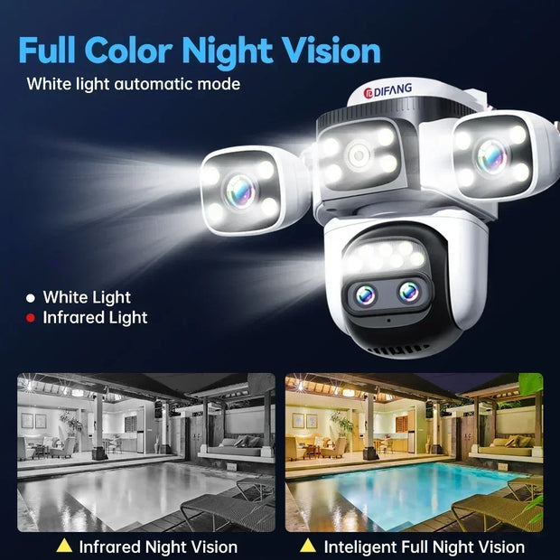 10K Home Security WiFi Camera Four Lens Four Screen  360° 10X Optical Zoom CCTV  Auto Tracking 20MP Wireless Surveillance IP Cam