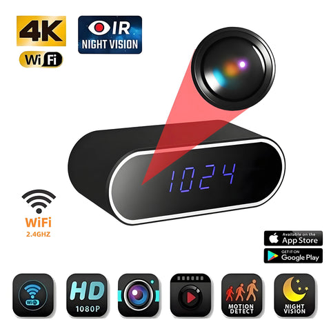 Wireless mini clock camera supports WiFi night vision IP HD 4K camera, used for home and office monitoring, nanny network cam