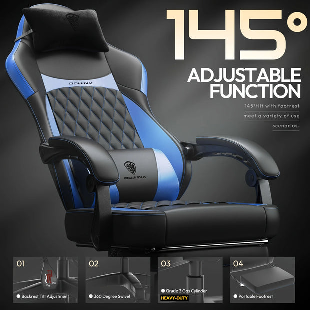 Gaming Chair - Ergonomic High Back Leather Computer Chair with Massage Lumbar Support, Footrest, and Pocket Spring Cushion