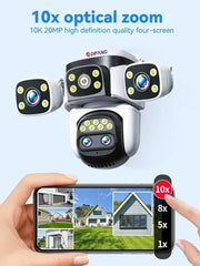 10K Home Security WiFi Camera Four Lens Four Screen  360° 10X Optical Zoom CCTV  Auto Tracking 20MP Wireless Surveillance IP Cam