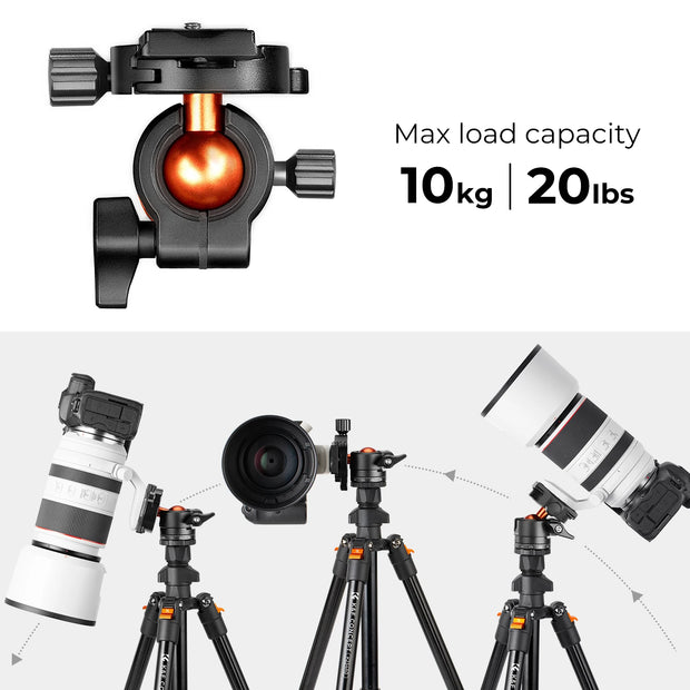 K&F CONCEPT Portable Aluminum Travel Tripod 22lbs/10kg Load Reflexible Toggle Lock Camera Tripod For DSLR Smartphone Video Stand