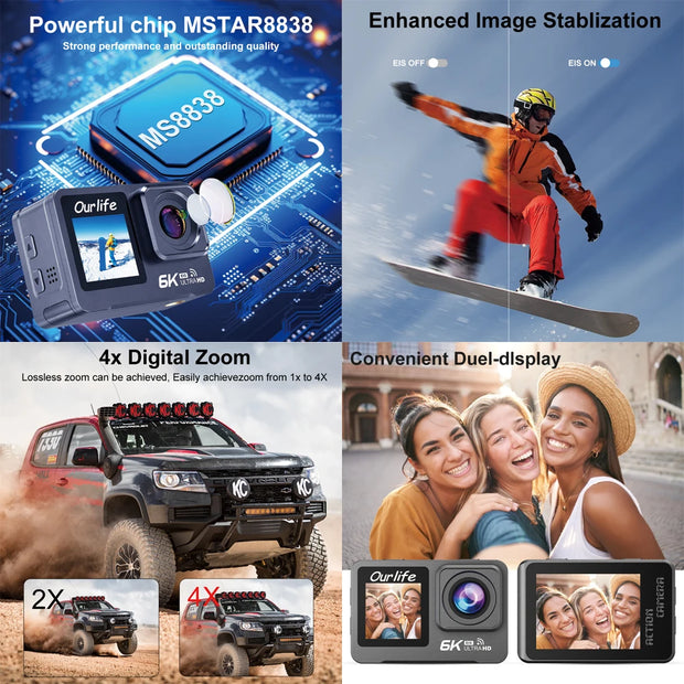 6K 4K60FPS Action Camera 50MP 2.0 Touch LCD Dual Screen EIS WiFi 170° DVR 30M Waterproof 5X Zoom Sport Camera With Remote