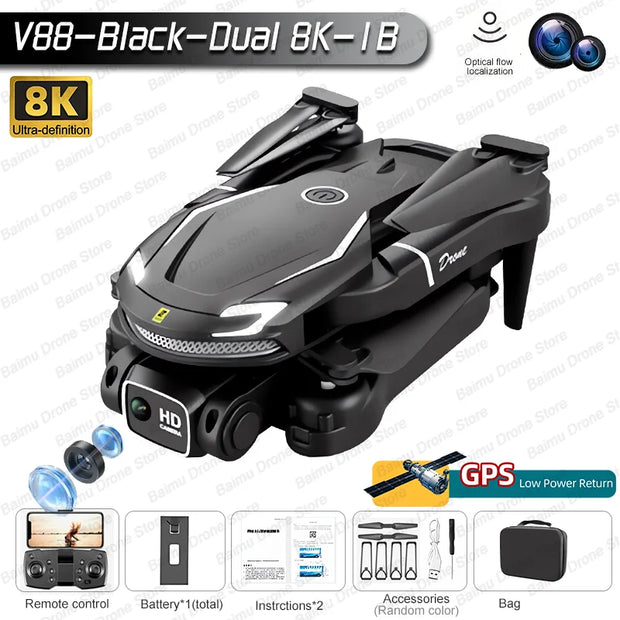 V888 Drone 8K GPS Triple Camera Professional Obstacle Avoidance Optical Flow Positioning Brushless V88 Upgraded RC Quadcopter