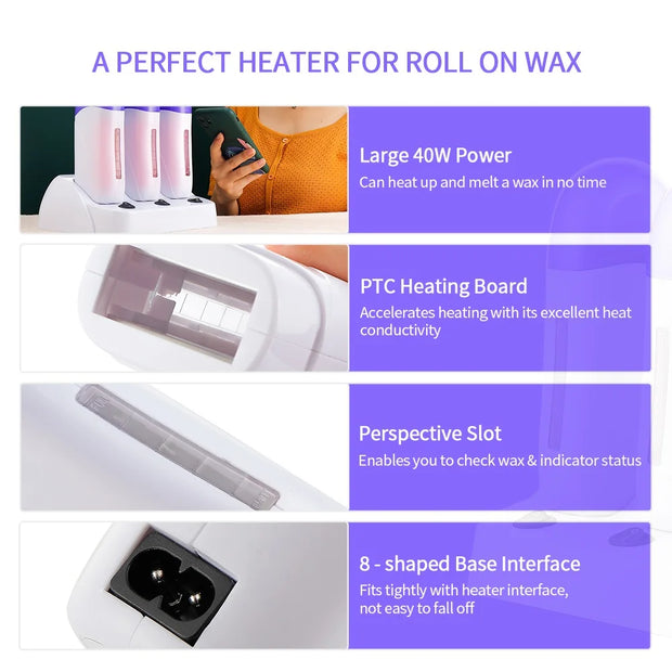 3pcs Cartridge Wax Depilatory Heater Wax Roller Base Roll On Waxing Body Hair Removal Machine Set For Depilation Tool kit