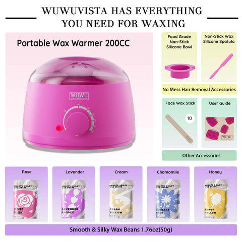 Waxing Kit WUWUVISTA Hair Removal Wax Kit Wax Melt Warmer Waxing Beads Face/Brazilian/Full Body/Bikini/Sensitiive skin(19 items)