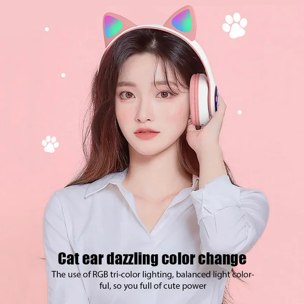 P47M Wireless Headphone Flash Light Cute Cat Bluetooth with Mic Control LED Stereo Music Helmet Phone Bluetooth Headset Gift