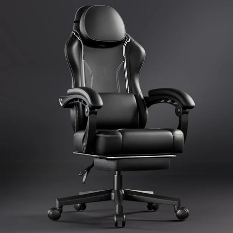 Gaming Chair - Ergonomic High Back Leather Computer Chair with Massage Lumbar Support, Footrest, and Pocket Spring Cushion