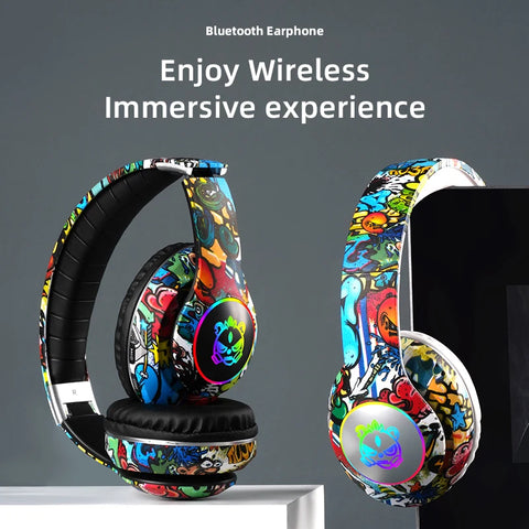 Graffiti Bluetooth Headphones Wireless RGB LED Light Gaming Headsets With Mic Low Latency For Kids Boy Girl Gift Support TF Card