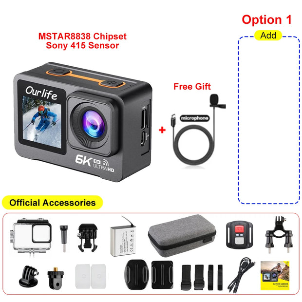 6K 4K60FPS Action Camera 50MP 2.0 Touch LCD Dual Screen EIS WiFi 170° DVR 30M Waterproof 5X Zoom Sport Camera With Remote