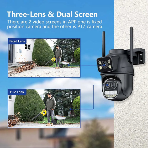 12MP 6K Outdoor WIFI Camera Zoom Three Lens Dual Screens PTZ Video Cameras Auto Tracking Home Security CCTV 8MP Surveillance Cam