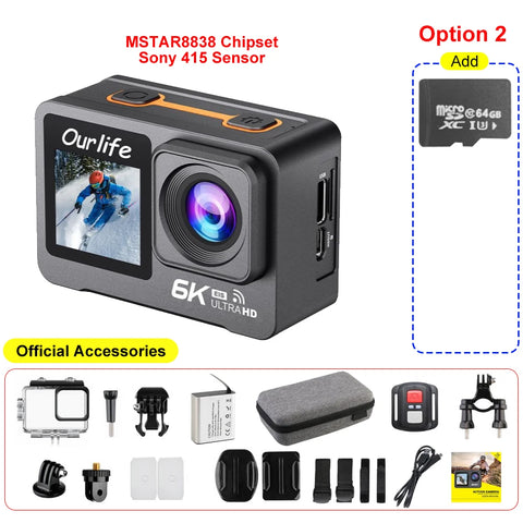 6K 4K60FPS Action Camera 50MP 2.0 Touch LCD Dual Screen EIS WiFi 170° DVR 30M Waterproof 5X Zoom Sport Camera With Remote