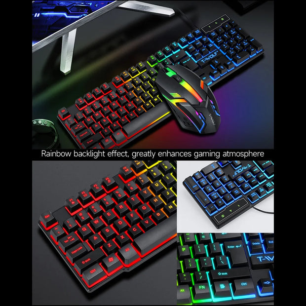 T-WOLF 104 Keys Gaming Keyboard Mouse Combo Four-piece 4-color Breathing Light Mouse 3.5mm Gaming Headset Anti-slip Mouse Pad