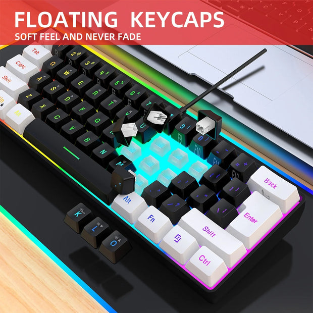 HXSJ V700BW+A869 USB Computer Keyboard and Mouse Kit with 61-key Wired RGB Backlight + Wired Gaming Mouse Colorful LED Lighting