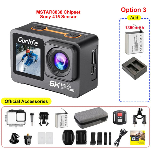 6K 4K60FPS Action Camera 50MP 2.0 Touch LCD Dual Screen EIS WiFi 170° DVR 30M Waterproof 5X Zoom Sport Camera With Remote