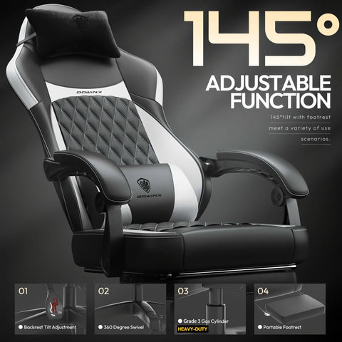 Gaming Chair - Ergonomic High Back Leather Computer Chair with Massage Lumbar Support, Footrest, and Pocket Spring Cushion