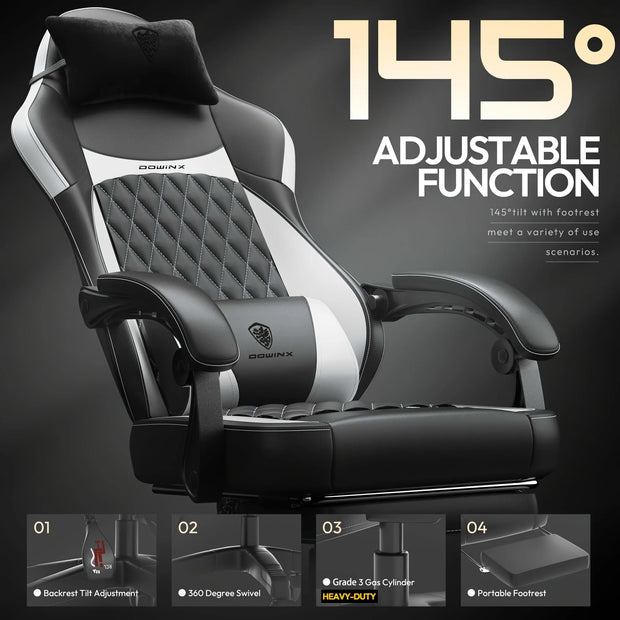 Gaming Chair - Ergonomic High Back Leather Computer Chair with Massage Lumbar Support, Footrest, and Pocket Spring Cushion